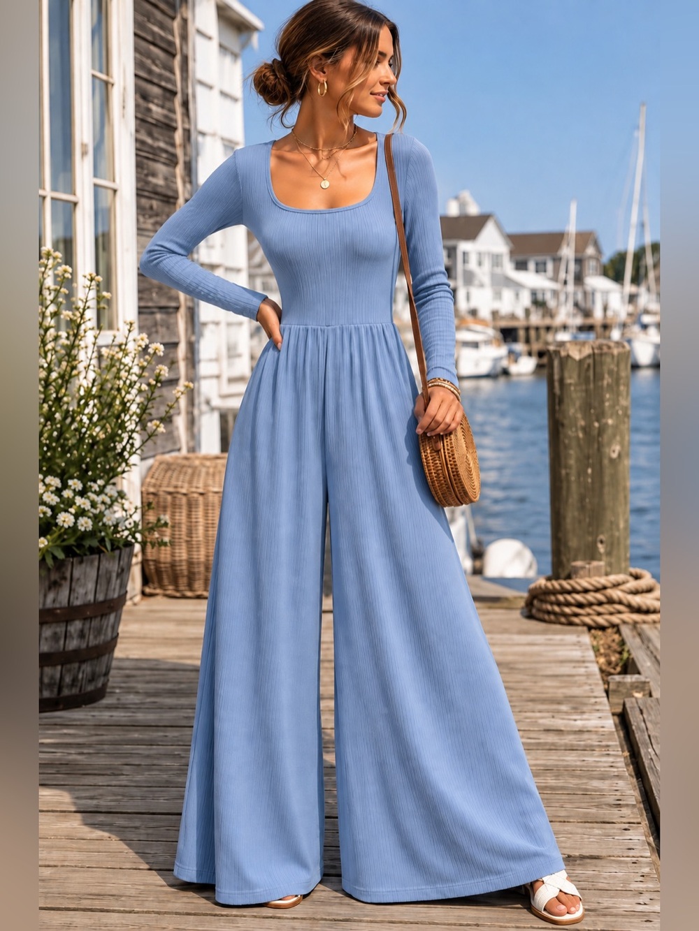 Ribbed Long Sleeve Wide-Leg Jumpsuit